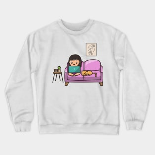 Cute Girl Working On Laptop With Cat Cartoon Crewneck Sweatshirt